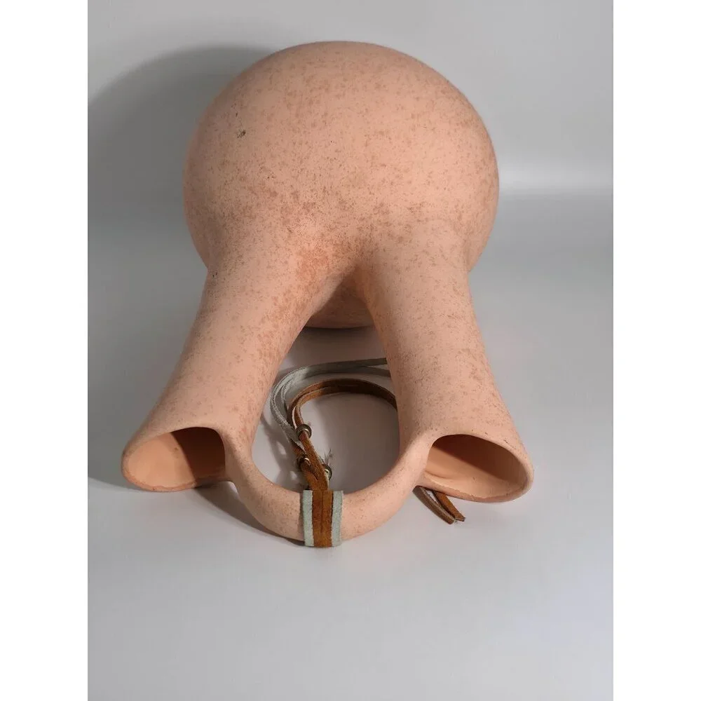 Double Spout Terracotta Vase Leather Accent Pink Beige Sandstone Finish Vintage